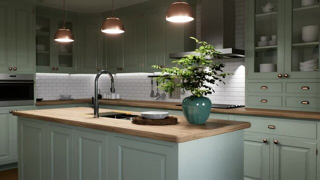 Green kitchen interior with island. Stylish kitchen with wooden worktop.