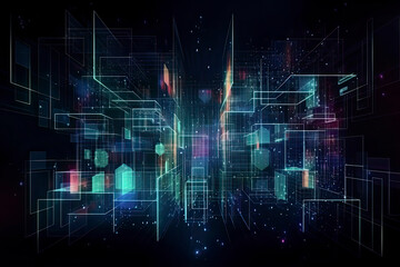 Abstract technology big data background concept. Artificial intelligence tech. Big data and cybersecurity. Transfer and storage of data sets, blockchain, server. Colorful background