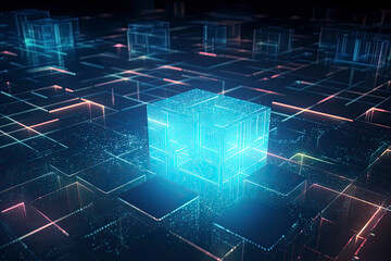 Fototapeta premium Abstract technology big data background concept. Artificial intelligence tech. Big data and cybersecurity. Transfer and storage of data sets, blockchain, server. Colorful background