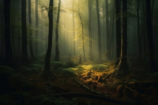 magical dark green forest in soft sunlight