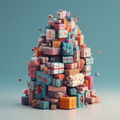 Pile of Christmas gifts box. Merry Christmas and Happy new year. Festive design with decorative elements. holiday season. Greeting card, banner, poster. generative ai