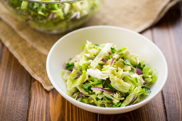 Young cabbage salad with purple onions in a bowl .