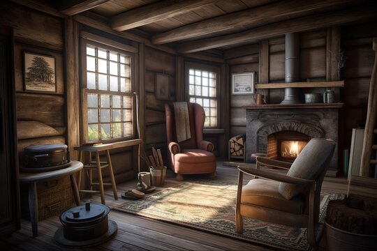 Rustic Cabin: Create a set of images that showcase a charming, cozy rustic cabin. Generative AI