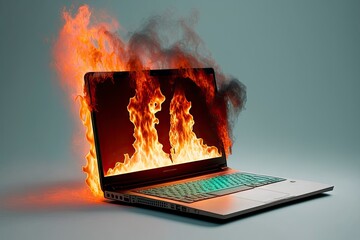 Laptop computer engulfed in flames and burning. ai generative