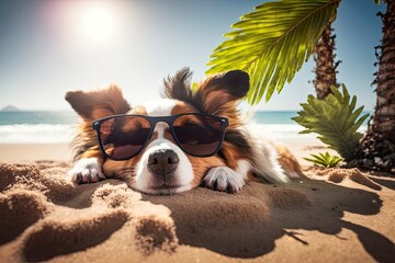 Cute Dog with Sunglasses Sleeping on the Beach with palms. ai generative