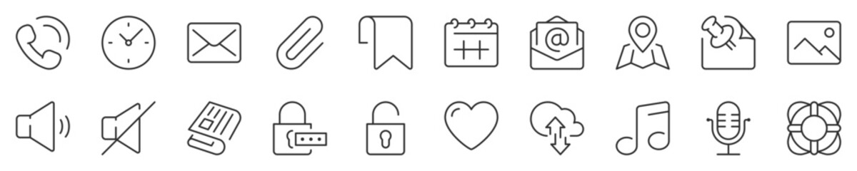 User interface thin line icon set 2 of 4. Symbol collection in transparent background. Editable vector stroke. 512x512 Pixel Perfect.