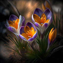 Saffron or crocus, spring flowers. Illustration. AI generation.
