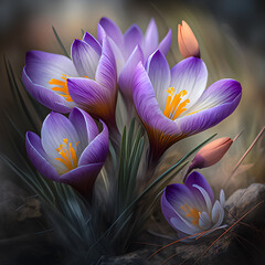 Saffron or crocus, spring flowers are bright purple on a dark background. Illustration. AI generation.