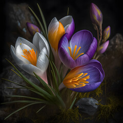 Saffron or crocus, spring flowers are bright purple. AI generation.