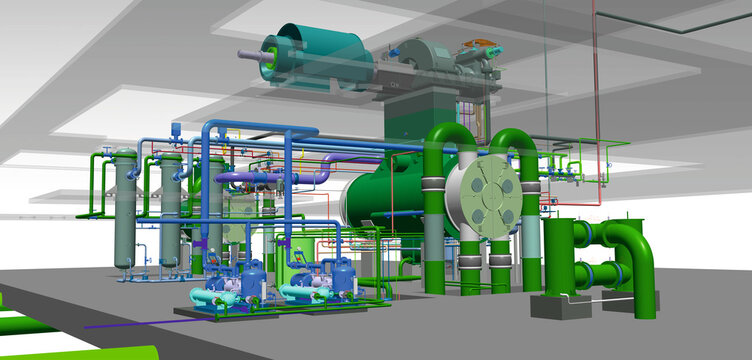 steam turbine power plant layout 3D illustration