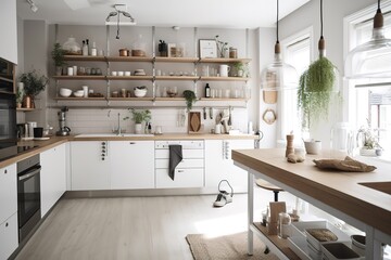 Scandinavian Kitchen: Design a kitchen with a Scandinavian - inspired design, using a minimalist approach and natural materials.Generative AI
