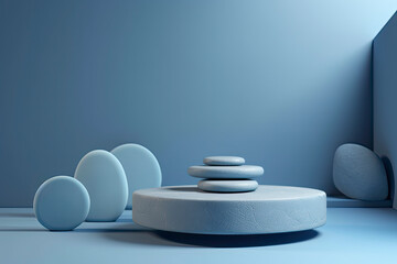 A beautiful blue background for presentations with a podium and masonry round stones in a soothing color scheme