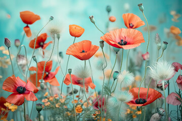 Beautiful colorful flower meadow with multi-colored poppies and fluttering butterflies in nature in spring and summer on light turquoise background close-up with soft focus