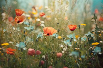 Beautiful colorful flower meadow with multi-colored poppies and fluttering butterflies in nature in spring and summer on light turquoise background close-up with soft focus