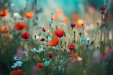 Obraz premium Beautiful colorful flower meadow with multi-colored poppies and fluttering butterflies in nature in spring and summer on light turquoise background close-up with soft focus