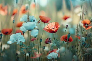 Beautiful colorful flower meadow with multi-colored poppies and fluttering butterflies in nature in spring and summer on light turquoise background close-up with soft focus