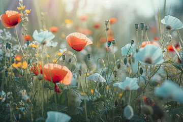 Beautiful colorful flower meadow with multi-colored poppies and fluttering butterflies in nature in spring and summer on light turquoise background close-up with soft focus