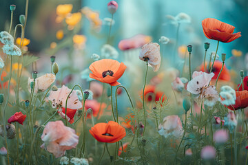 Beautiful colorful flower meadow with multi-colored poppies and fluttering butterflies in nature in spring and summer on light turquoise background close-up with soft focus