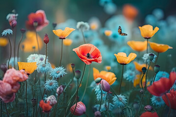 Obraz premium Beautiful colorful flower meadow with multi-colored poppies and fluttering butterflies in nature in spring and summer on light turquoise background close-up with soft focus