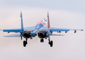 Moscow Russia Zhukovsky Airfield 25 July 2021: Aerobatic teams Russian Knights on planes Su-35 of...