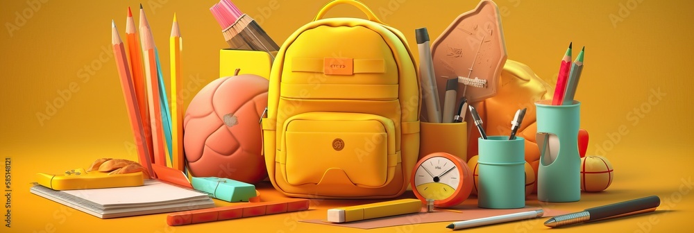 Wall mural back to school. ready for school concept background. design of different colorful stationery on tabl