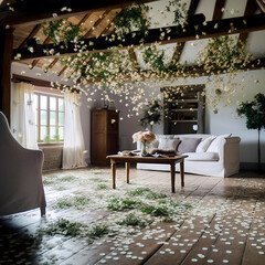 Romantic living room with wild flower floral arrangement