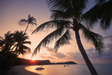 Naklejka na ściany i meble Silhouette palm trees against long sand beach at beautiful sunset in Koh Samui, Thailand..