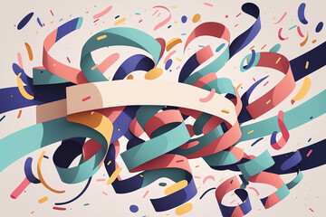 Colorful confetti and serpentine on white background, falling tiny colorful confetti pieces and ribbon. Anniversary, celebration, greeting flat illustration with fun explosion, generative ai