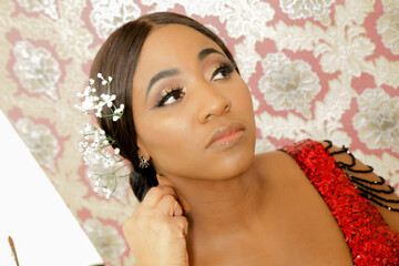 Beautiful African Black Woman in Red Dress - Getting ready, Party look, Bridal 