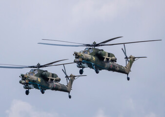 Moscow Russia Zhukovsky Airfield 25 July 2021: attack helicopters Mil Mi-28 of the international...