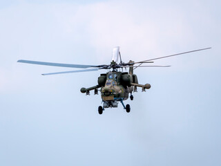 Moscow Russia Zhukovsky Airfield 25 July 2021: attack helicopters Mil Mi-28 of the international aerospace salon MAKS-2021
