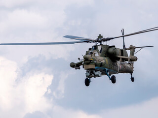 Moscow Russia Zhukovsky Airfield 25 July 2021: attack helicopters Mil Mi-28 of the international aerospace salon MAKS-2021
