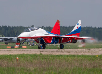Moscow Russia Zhukovsky Airfield 31 August 2019: aerobatic team swifts MiG-29 perfoming demonstration flight of the international aerospace salon MAKS-2019