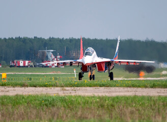 Moscow Russia Zhukovsky Airfield 31 August 2019: aerobatic team swifts MiG-29 perfoming...