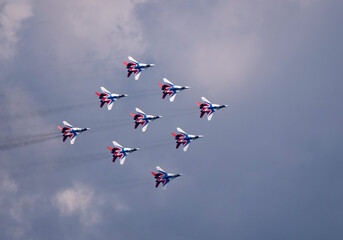 Moscow Russia Zhukovsky Airfield 31 August 2019: aerobatic team swifts MiG-29 perfoming demonstration flight of the international aerospace salon MAKS-2019