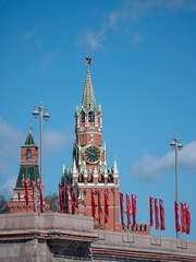 MOSCOW , RUSSIA, June 10, 2022: Ruby star on the spire of the Spasskaya Tower of the Moscow Kremlin...