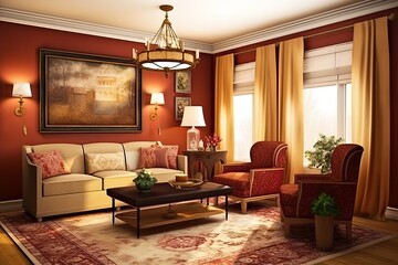 Traditional Living Room: Design a living room with classic decor, including ornate furniture, heavy curtains, and antique lighting fixtures. Generative AI