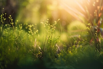 Natural green defocused spring summer blurred background with sunshine. Juicy young grass and foliage on nature in rays of sunlight, scenic framing, copy space
