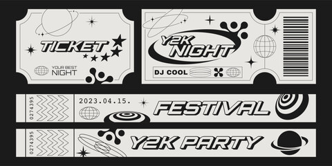 Retro party tickets and control bracelets template with futuristic elements. Y2k aesthetic design.