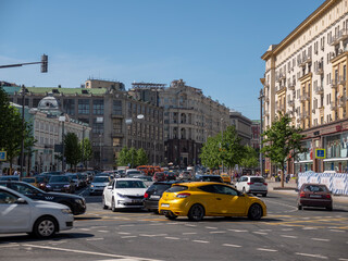 MOSCOW, RUSSIA - MAY 27, 2022: Urban traffic life conceptnear near the square of three stations
