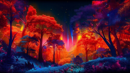 Fototapeta na wymiar AI generated art of magic forest landscape psychedelic trees