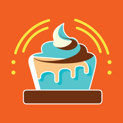 cupcake on orange background, blue cream cake vector, culinary and baking logo