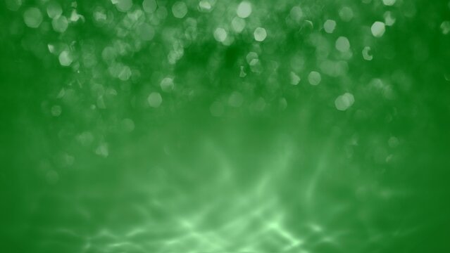 Abstract green white water bokeh glitter ocean background. Concept 3D illustration beauty care and cleaning product packshot. Showcase template backdrop for hydrogen and refreshing nature cosmetics.