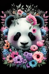 Panda and Flowers Children Art 