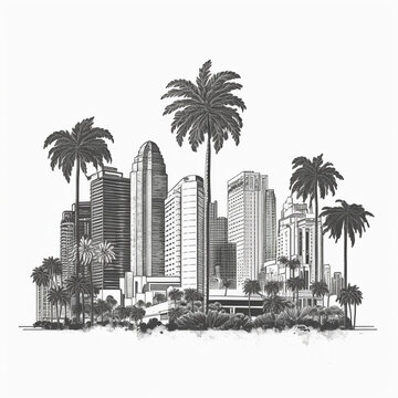 Miami line art style, palm trees and skyscrapers modern houses. Black and white cityscape. Illustration for print on clothes, postcards. Generative AI