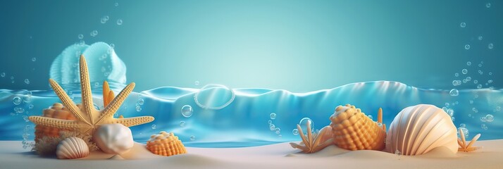 Obraz na płótnie Canvas Summer background, Summer tropical sea background, sand beach. Horizontal banner and poster, header for website. generative ai