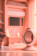 Retro room interior in 1950s 1960s style. Vintage fashion house with light pink colors. Futuristic modern apartment. Vertical image. Generative AI