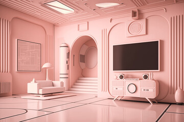 Retro room interior in 1950s 1960s style. Vintage fashion house with light pink colors. Futuristic modern apartment. Generative AI