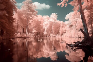 Experience the beauty of nature in a whole new light with this stunning infrared photo, showcasing intricate details of trees and foliage. Generative AI