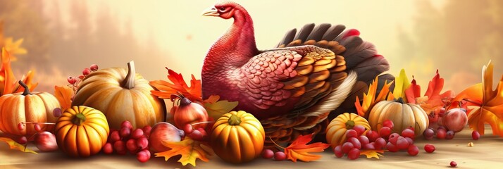 Obraz na płótnie Canvas Happy Thanksgiving. Turkey, ripe in the autumn ofoschi. Festive design with decorative elements. holiday season. Horizontal banner and poster, header for website. generative ai